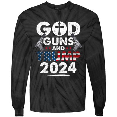 God Guns And Trump 2024 Usa American Flag Tie-Dye Long Sleeve Shirt