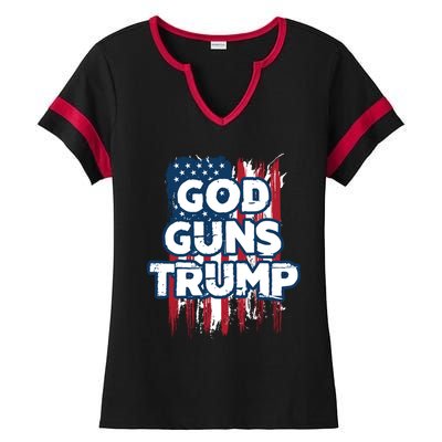 God Guns And Trump 2020 American Flag Cute Gift Ladies Halftime Notch Neck Tee