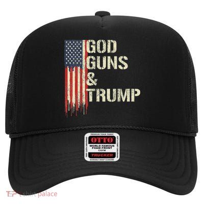 God Guns And Trump I 2nd Amendment Trump Flag America High Crown Mesh Back Trucker Hat