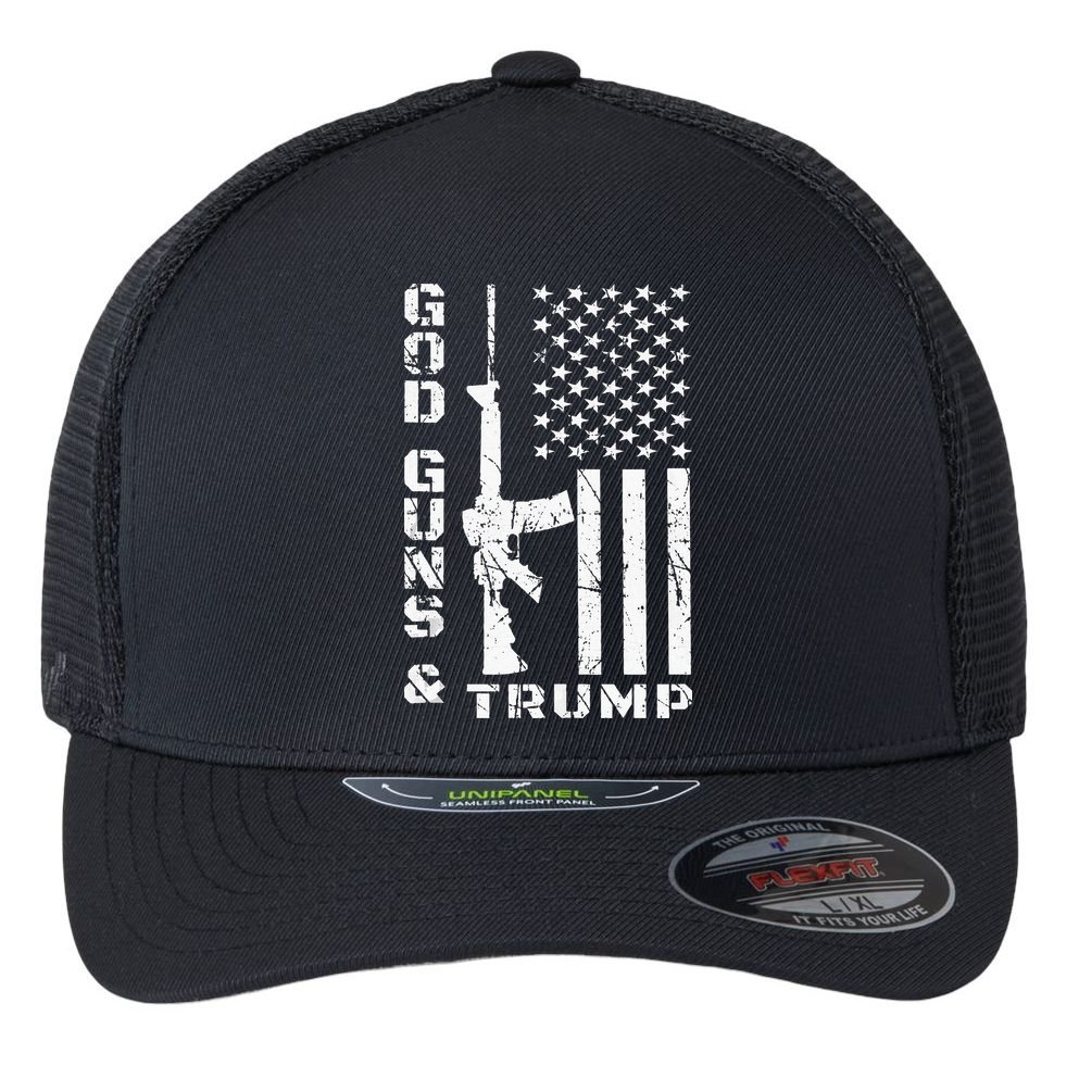 God Guns And Trump 2nd Amendment Flag AR15 Flexfit Unipanel Trucker Cap