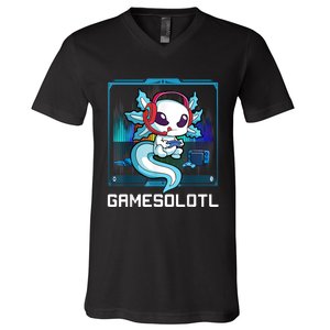 Gamesolotl Gamer Axolotl Playing Video Games Boys Girls V-Neck T-Shirt