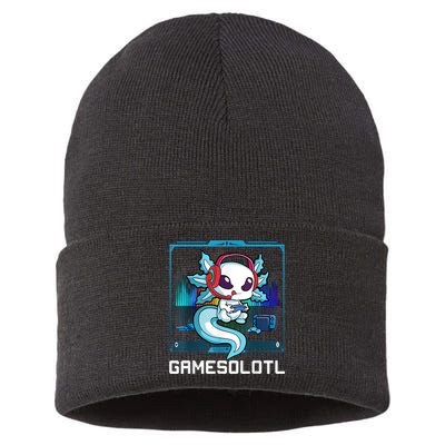 Gamesolotl Gamer Axolotl Playing Video Games Boys Girls Sustainable Knit Beanie