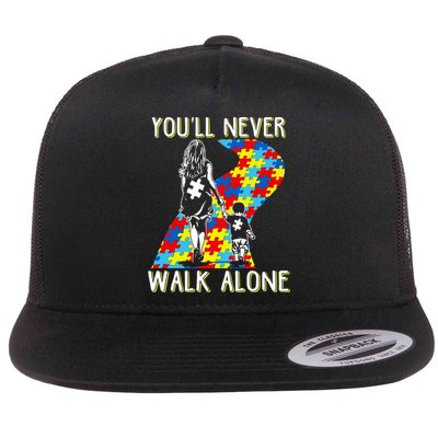 Great Gift Autism Mom You Will Never Walk-Alone Support Autism Son  Flat Bill Trucker Hat