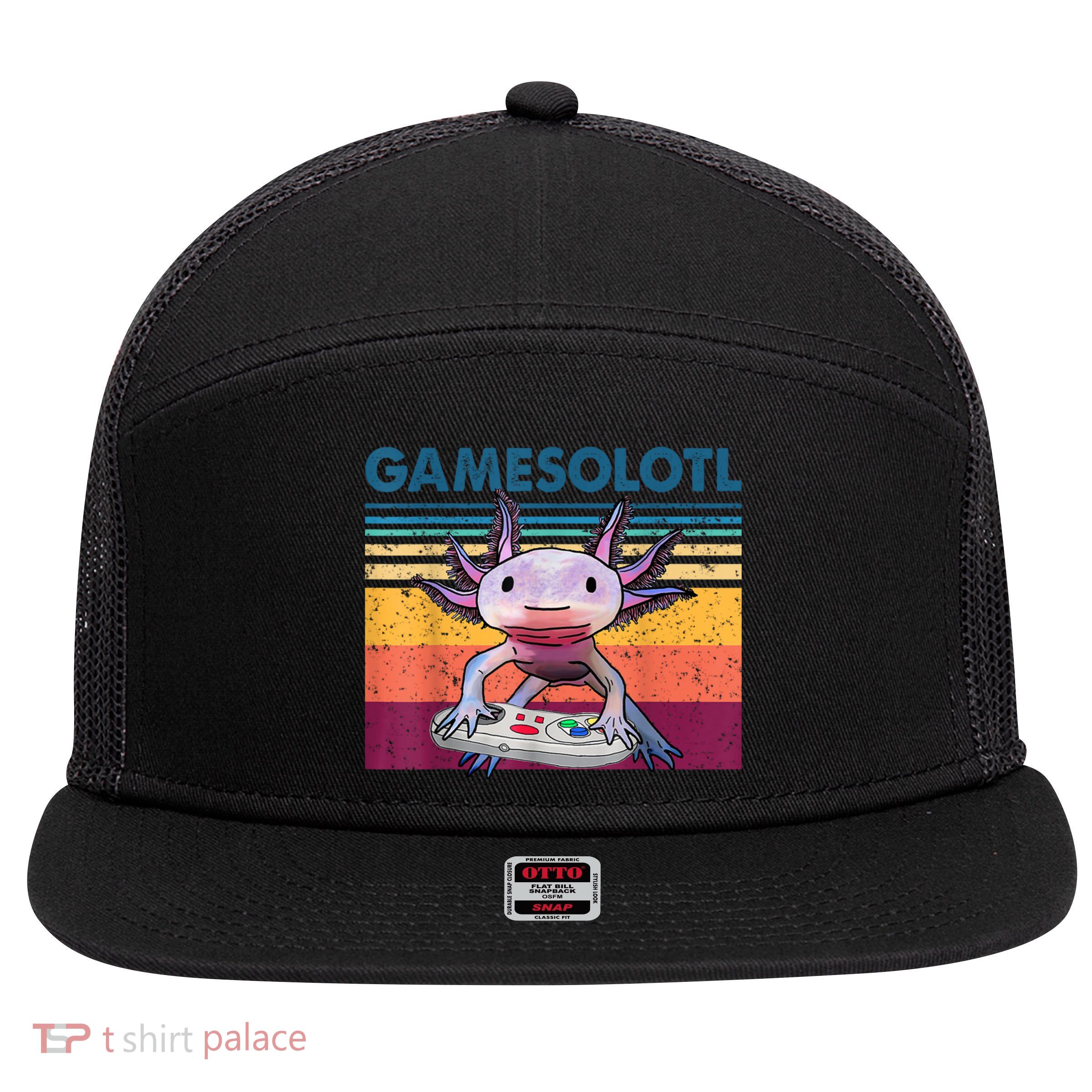 Gamesolotl Gamer Axolotl Fish Playing Video Games 7 Panel Mesh Trucker Snapback Hat