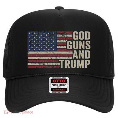God Guns And Trump Pro God Gun Funny Republican Usa Flag High Crown Mesh Back Trucker Hat