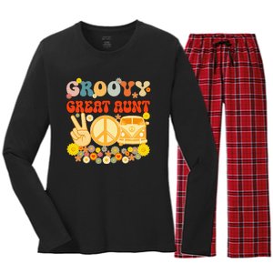 Groovy Great Aunt Retro Matching Family Baby Shower Mother Women's Long Sleeve Flannel Pajama Set 