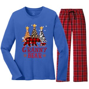 Grandma Granny Bear Xmas Tree Pj Leopard Buffalo Plaid Gift Women's Long Sleeve Flannel Pajama Set 