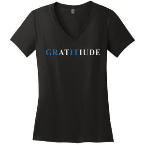 Gratitude Grit Blue Letter Inspirational Message Women's V-Neck T-Shirt