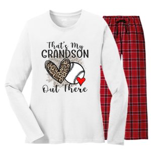 Grandma Grandpa Baseball Funny ThatS My Grandson Out There Women's Long Sleeve Flannel Pajama Set 