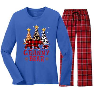 Grandma Granny Bear Xmas Tree Pj Leopard Buffalo Plaid Funny Gift Women's Long Sleeve Flannel Pajama Set 