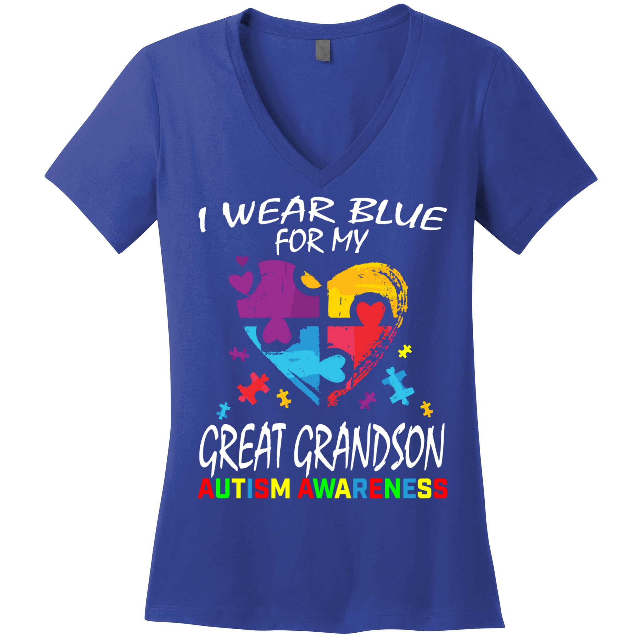 Grandma Grandpa Blue For My Great Grandson Autism Awareness Great Gift Women's V-Neck T-Shirt