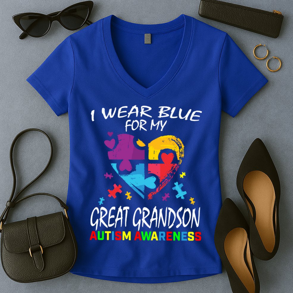 Grandma Grandpa Blue For My Great Grandson Autism Awareness Great Gift Women's V-Neck T-Shirt