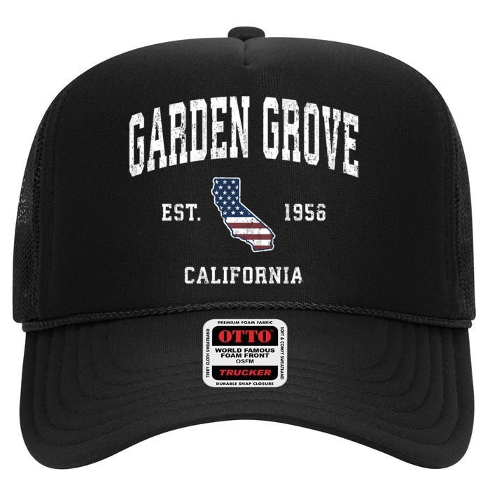 Garden Grove California Ca Vintage American Flag Established Design High Crown Mesh Back Trucker Hat