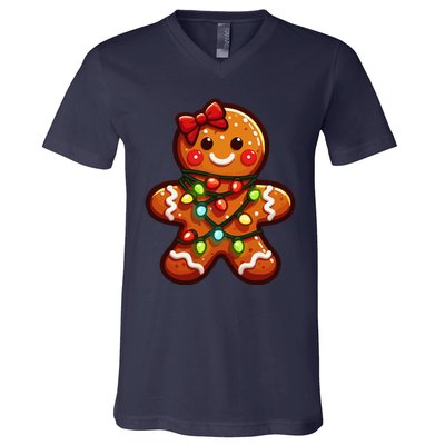 Gingerbread Girl Christmas Costume Cookie Tree Lights Xmas V-Neck T-Shirt