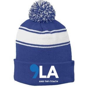 Great Gift Comma La Kamala Harris Tim Walz Coach 2024 La Comma Gift Stripe Pom Pom Beanie