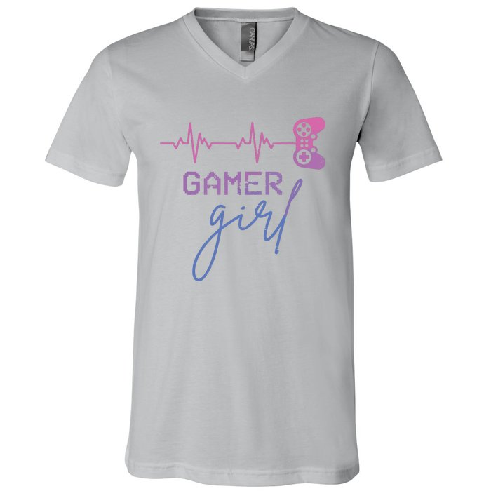 Gamer Girl Cute Heartbeat Gamer For Girl Video Game Lovers V-Neck T-Shirt