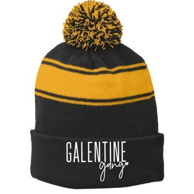 Galentine Gang Cute Valentines Day Stripe Pom Pom Beanie