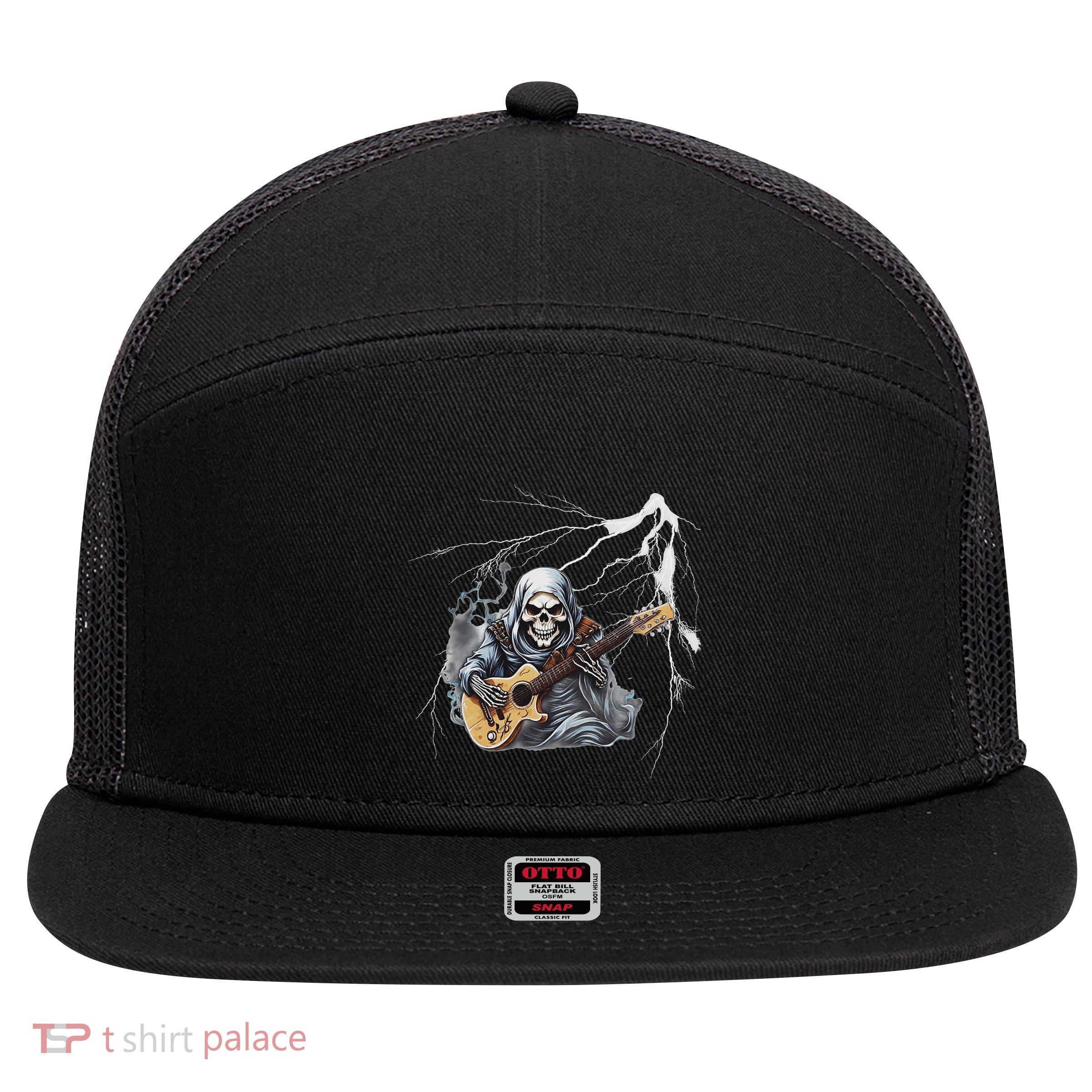 Ghost Guitar Cool Guitar Player Skeleton Hands Guitar 7 Panel Mesh Trucker Snapback Hat