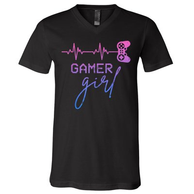 Gamer Girl Cute Heartbeat Gamer For Girl Video Game Lovers V-Neck T-Shirt