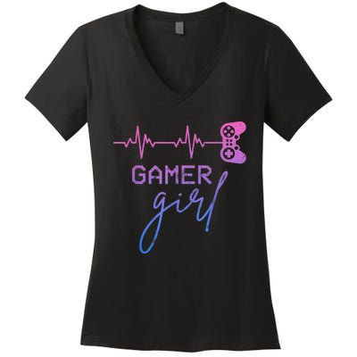 Gamer Girl Cute Heartbeat Gamer For Girl Video Game Lovers Women's V-Neck T-Shirt