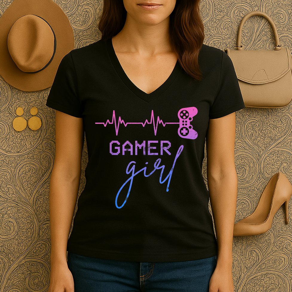 Gamer Girl Cute Heartbeat Gamer For Girl Video Game Lovers Women's V-Neck T-Shirt