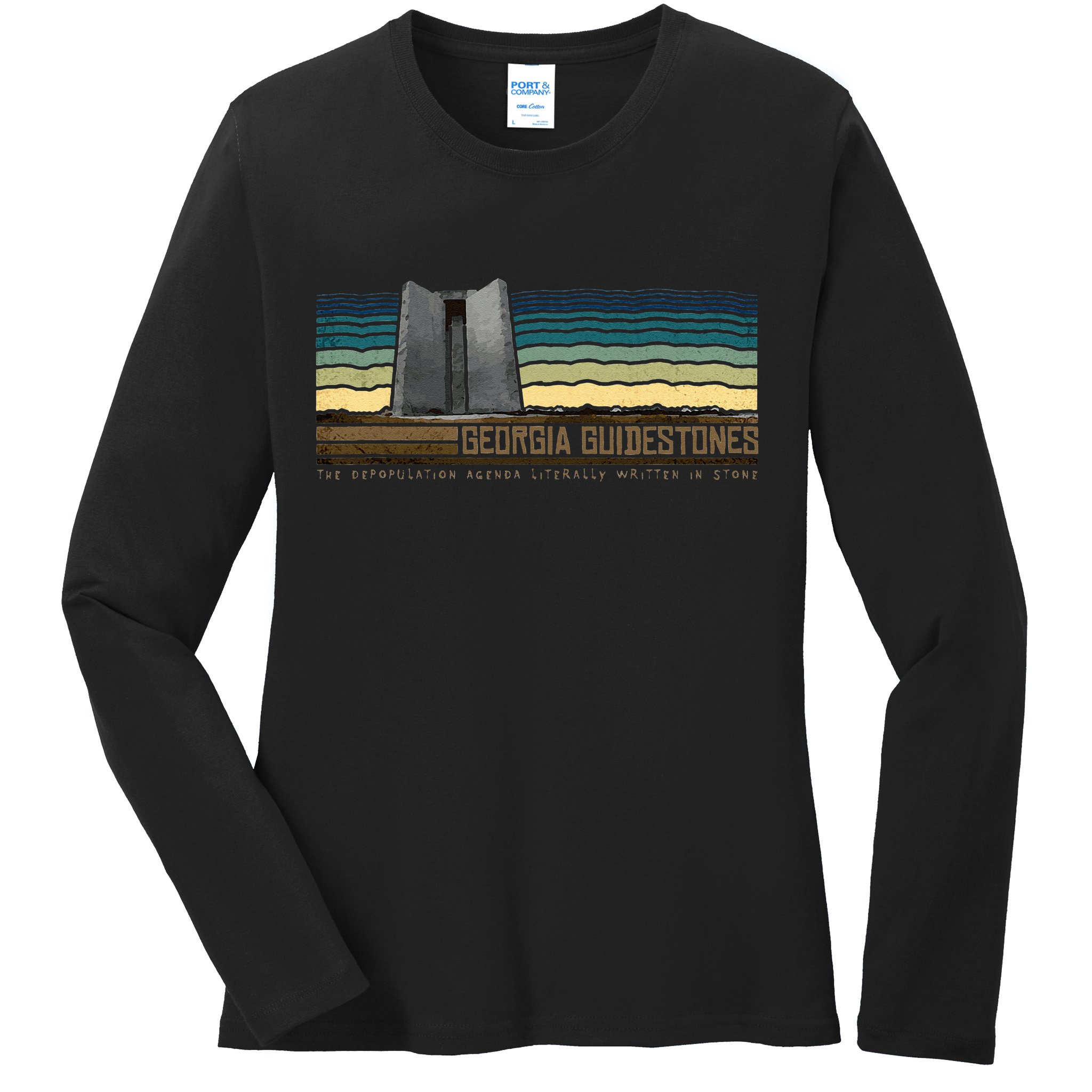 Georgia Guidestones Depopulation Written In Stone Retro Ladies Long Sleeve Shirt