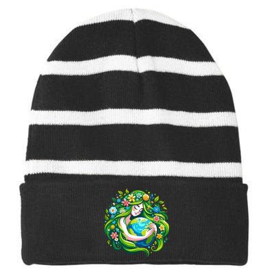 Green Goddess Earth Day Save Our Planet Striped Beanie with Solid Band