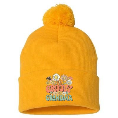 Groovy Grandma Floral Hippie Retro Daisy Flower Mothers Day Pom Pom 12in Knit Beanie