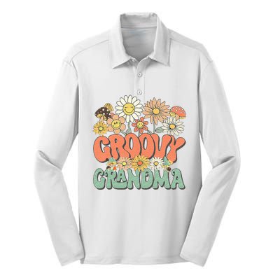 Groovy Grandma Floral Hippie Retro Daisy Flower Mothers Day Silk Touch Performance Long Sleeve Polo