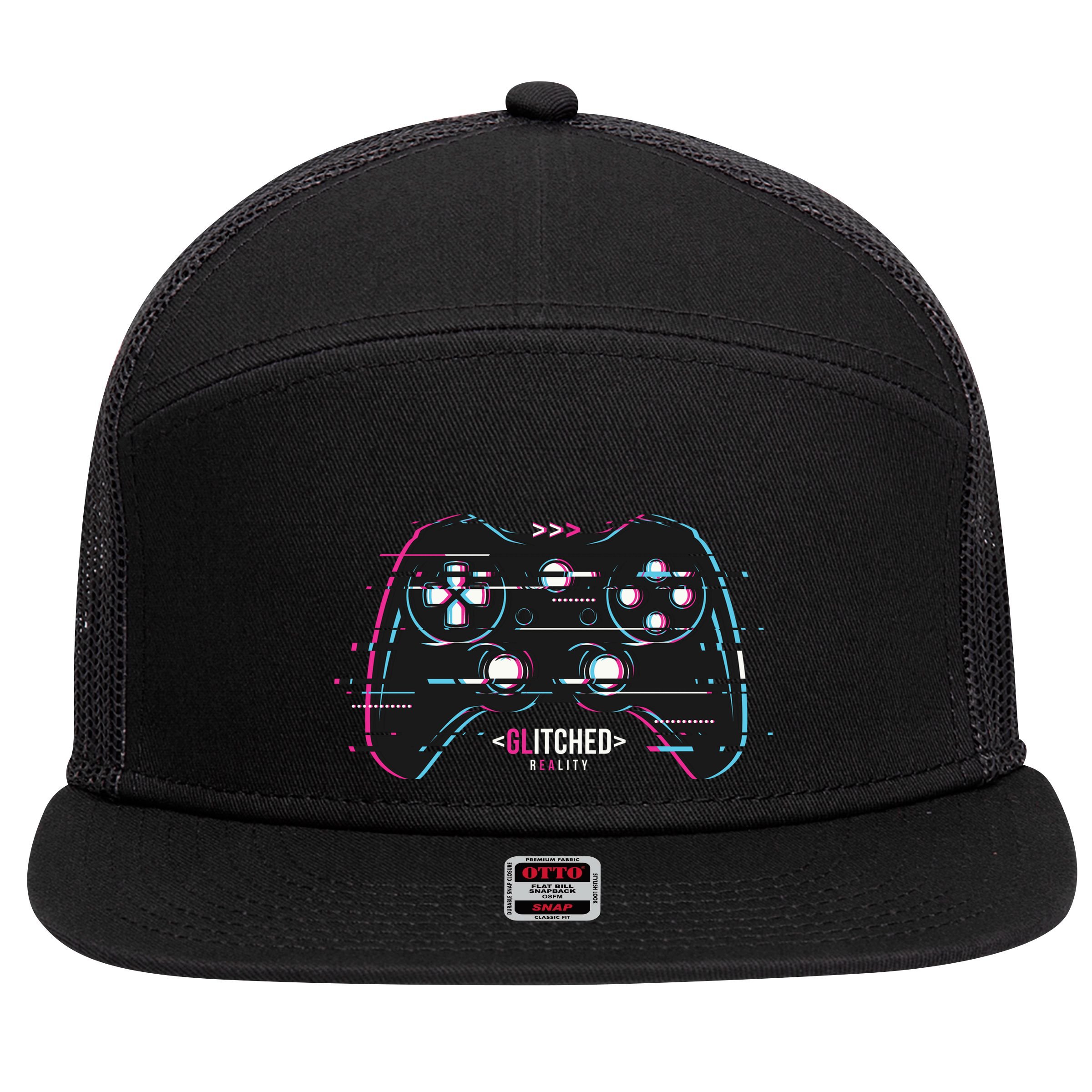 Glitchy Gamepad Gamer 7 Panel Mesh Trucker Snapback Hat
