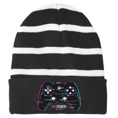 Glitchy Gamepad Gamer Striped Beanie with Solid Band