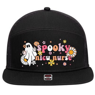 Groovy Ghost Halloween Floral Spooky Nicu Nurse 7 Panel Mesh Trucker Snapback Hat