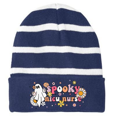 Groovy Ghost Halloween Floral Spooky Nicu Nurse Striped Beanie with Solid Band