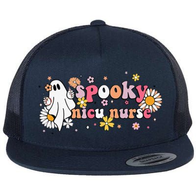 Groovy Ghost Halloween Floral Spooky Nicu Nurse Flat Bill Trucker Hat