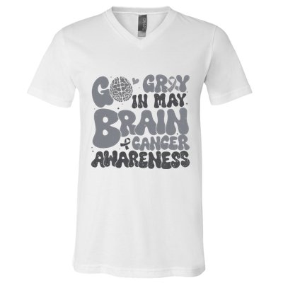 Go Gray In May For Brain Tumor Cancer Awareness Gray Ribbon V-Neck T-Shirt