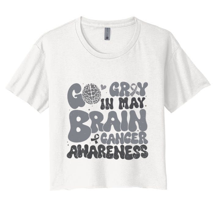 Go Gray In May For Brain Tumor Cancer Awareness Gray Ribbon Women's Crop Top Tee