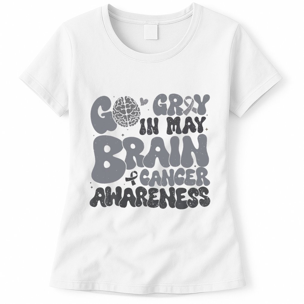 Go Gray In May For Brain Tumor Cancer Awareness Gray Ribbon Womens T-Shirt