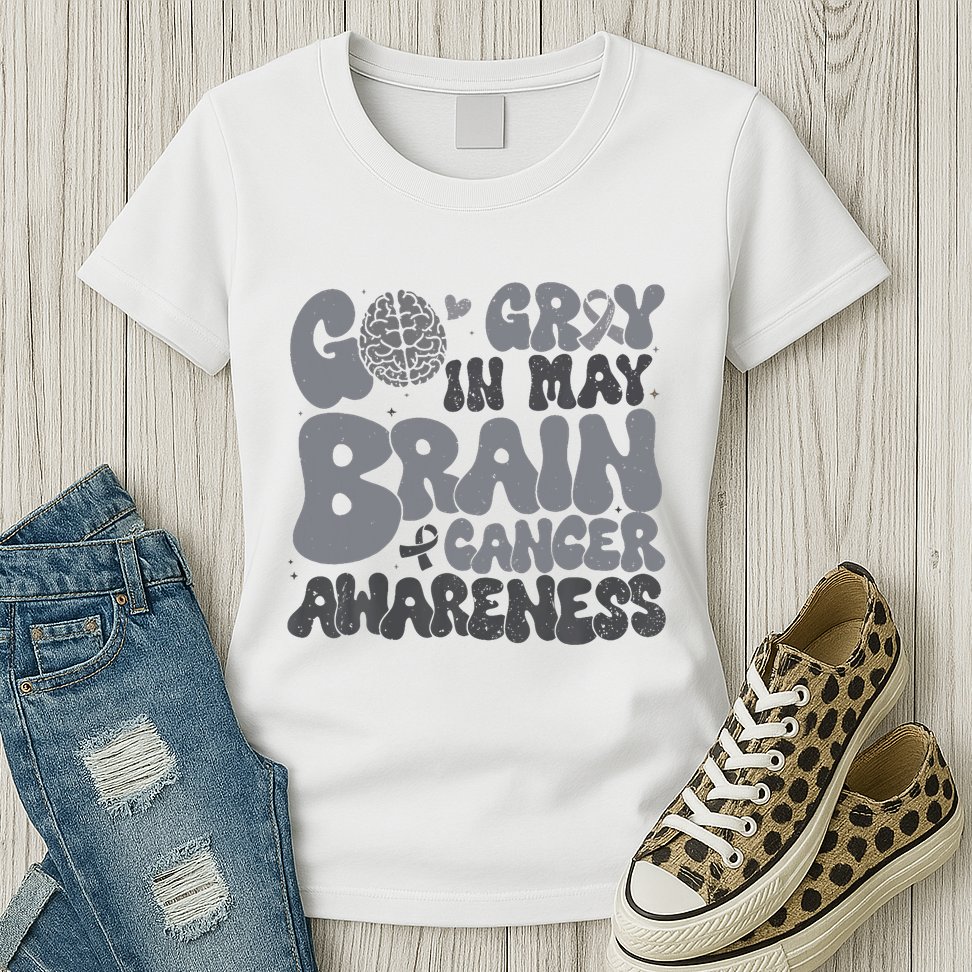 Go Gray In May For Brain Tumor Cancer Awareness Gray Ribbon Womens T-Shirt