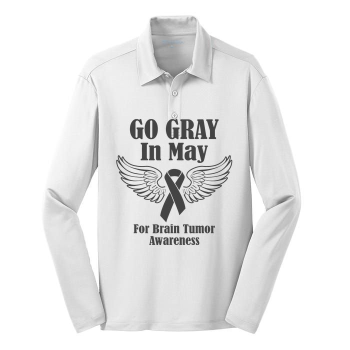 Go Gray In May Brain Tumor Awareness Cancer Hope Gray Ribbon Silk Touch Performance Long Sleeve Polo