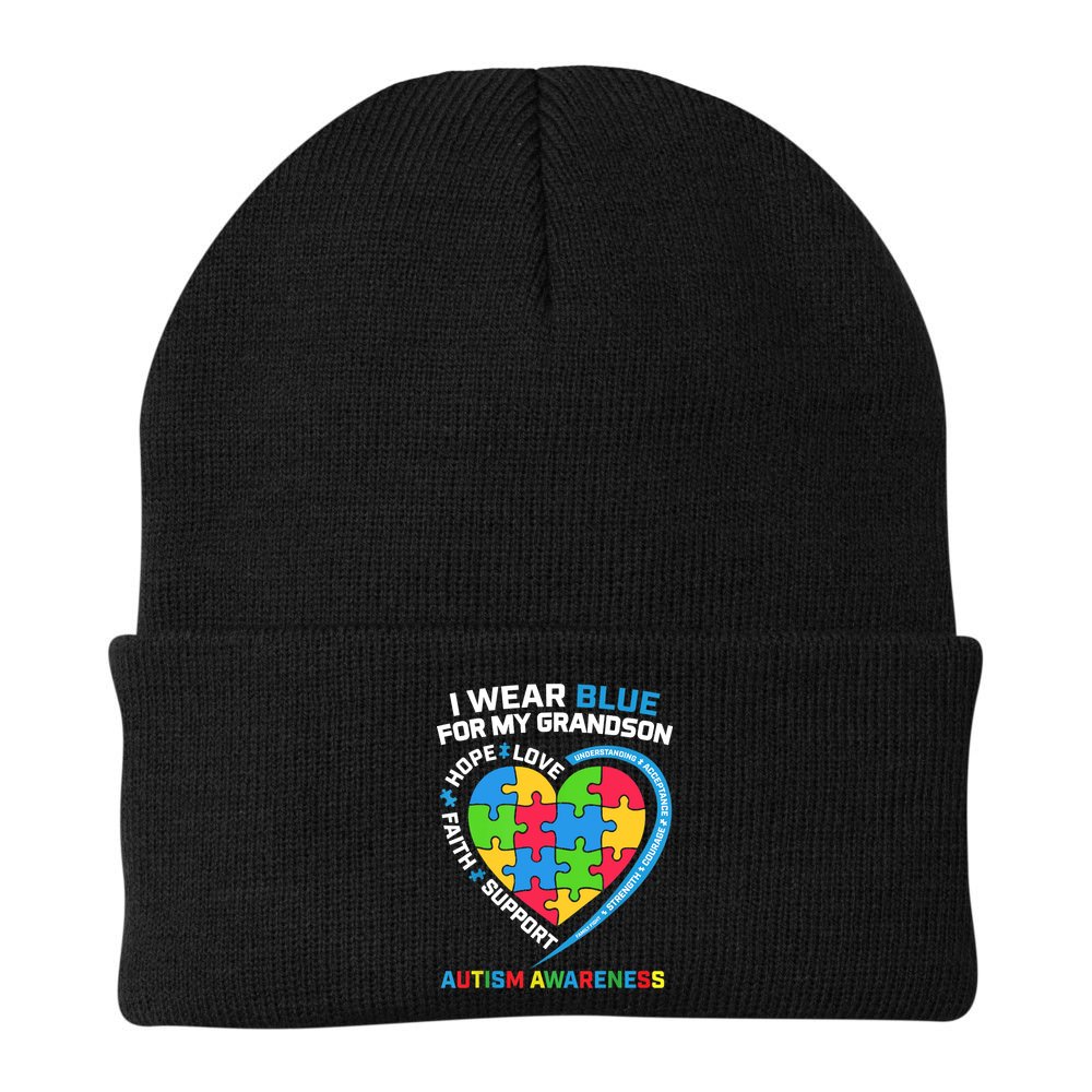 Grandma Grandpa I Wear Blue For My Grandson Autism Awareness Gift Beanie