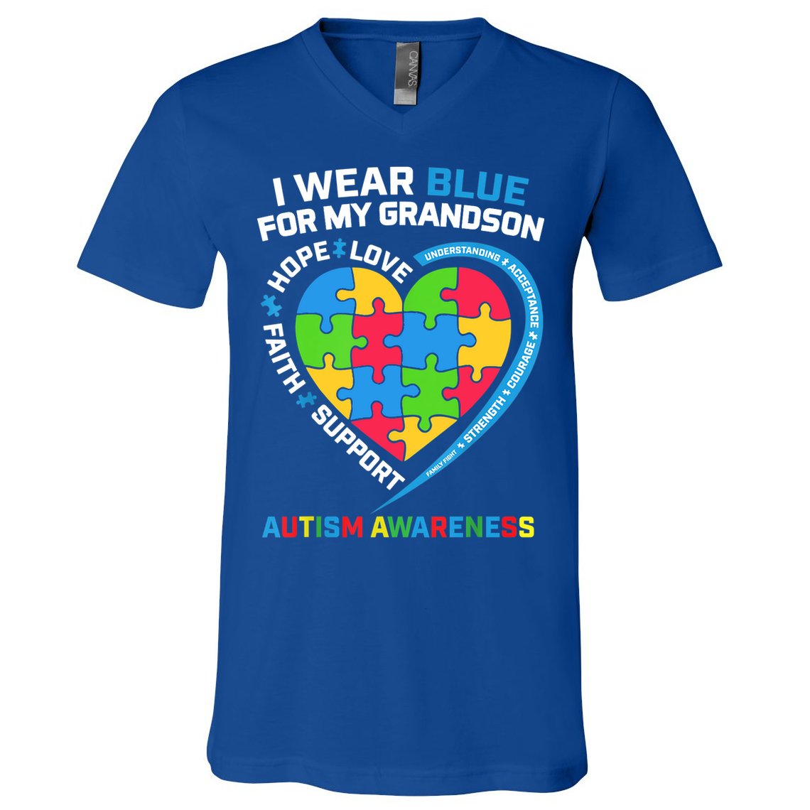 Grandma Grandpa I Wear Blue For My Grandson Autism Awareness Gift V-Neck T-Shirt