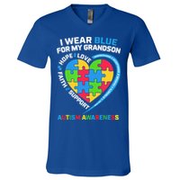 Grandma Grandpa I Wear Blue For My Grandson Autism Awareness Gift V-Neck T-Shirt