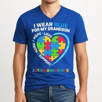 Grandma Grandpa I Wear Blue For My Grandson Autism Awareness Gift V-Neck T-Shirt
