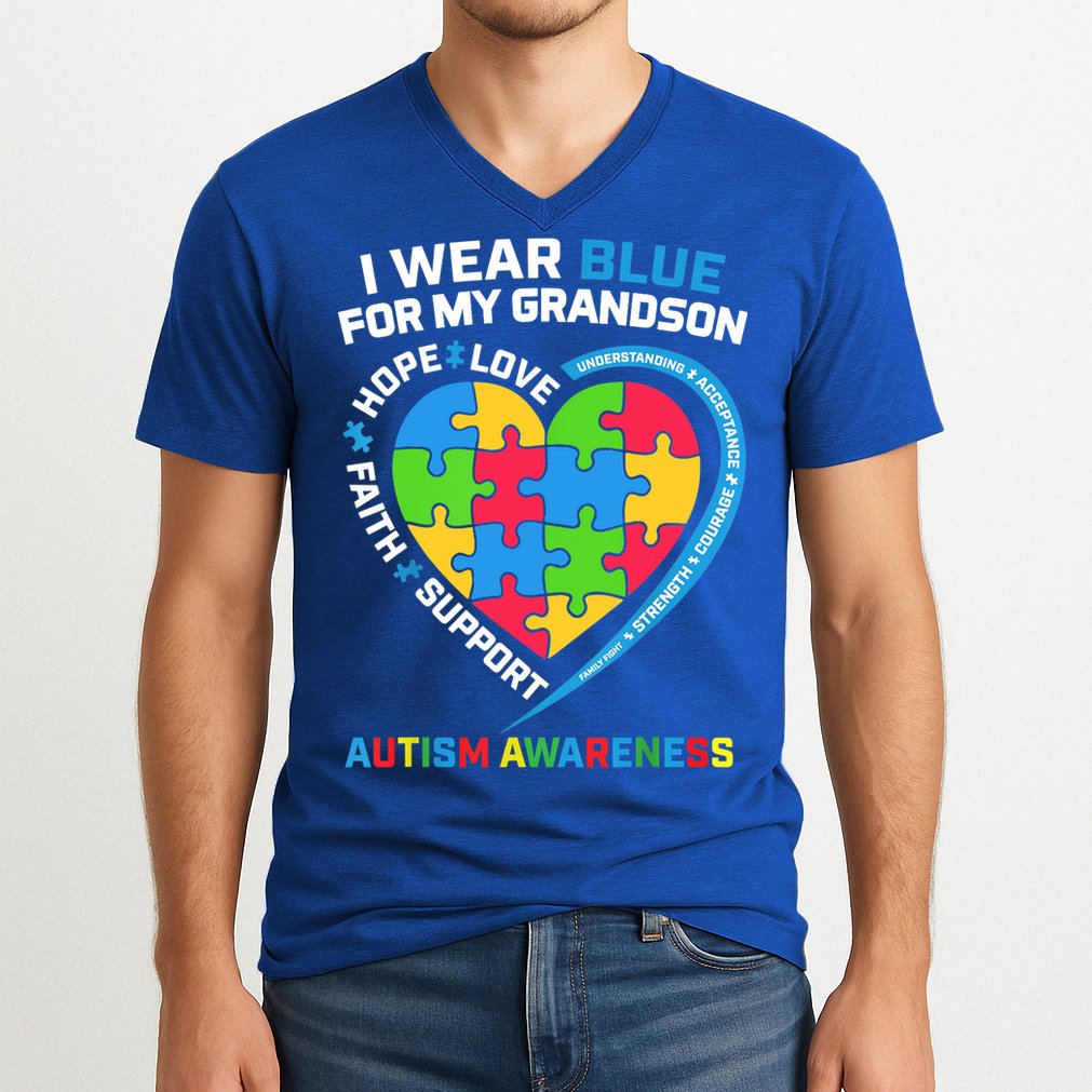 Grandma Grandpa I Wear Blue For My Grandson Autism Awareness Gift V-Neck T-Shirt