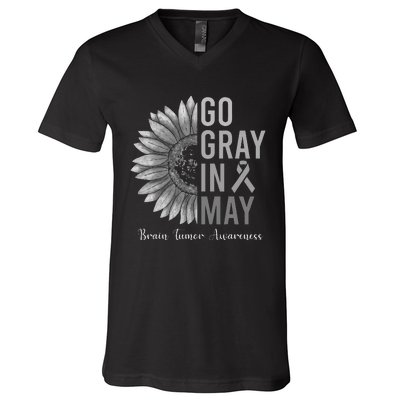 Go Gray In May Brain Tumor Cancer Awareness Gray Sunflower V-Neck T-Shirt