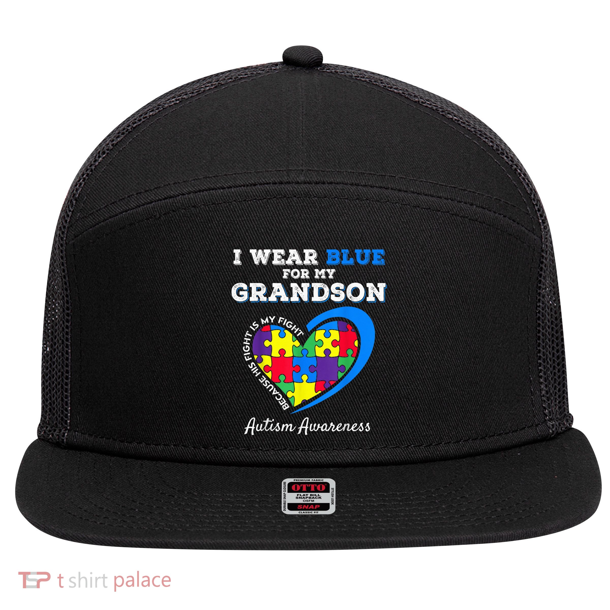 Grandma Grandpa I Wear Blue For My Grandson Autism Awareness 7 Panel Mesh Trucker Snapback Hat