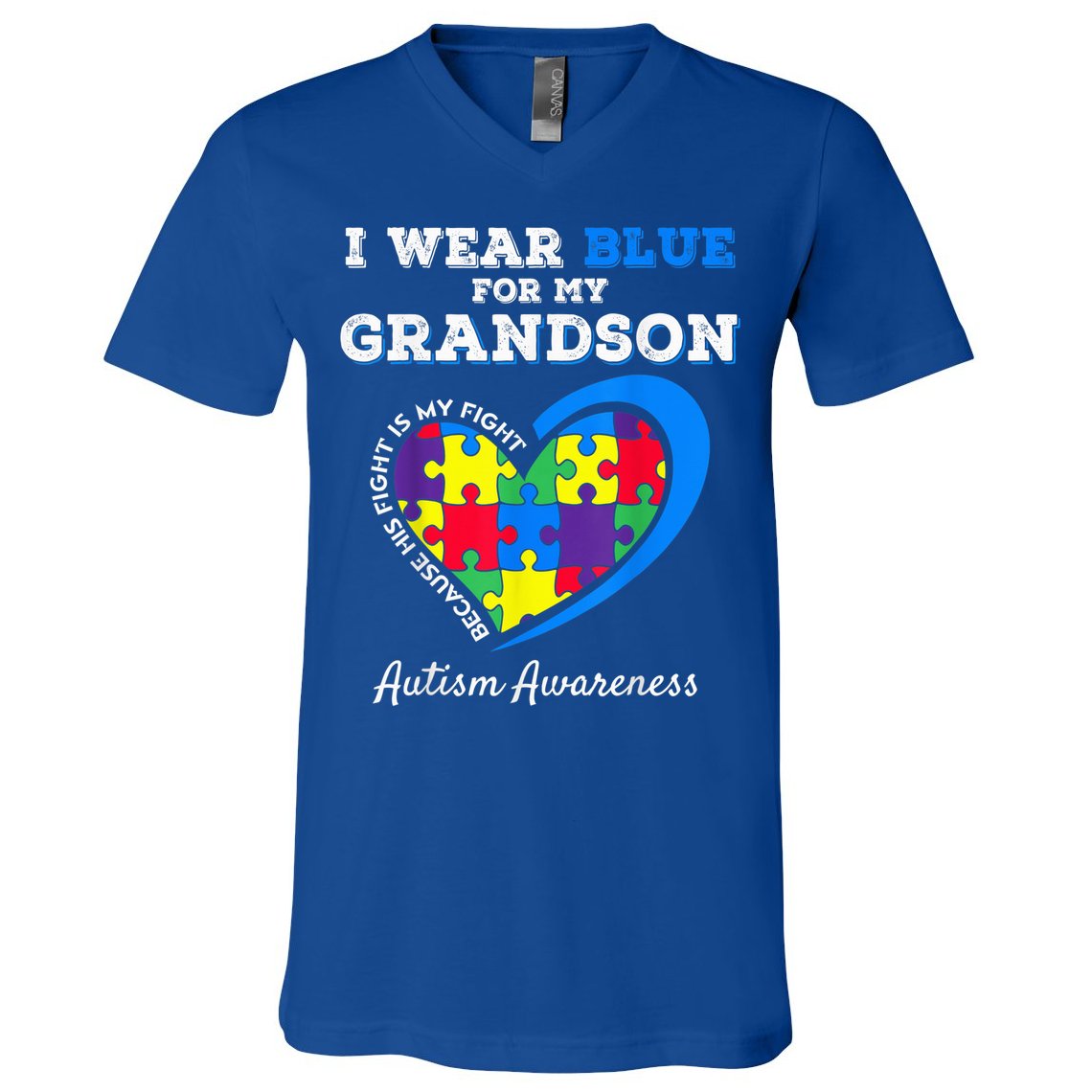 Grandma Grandpa I Wear Blue For My Grandson Autism Awareness V-Neck T-Shirt