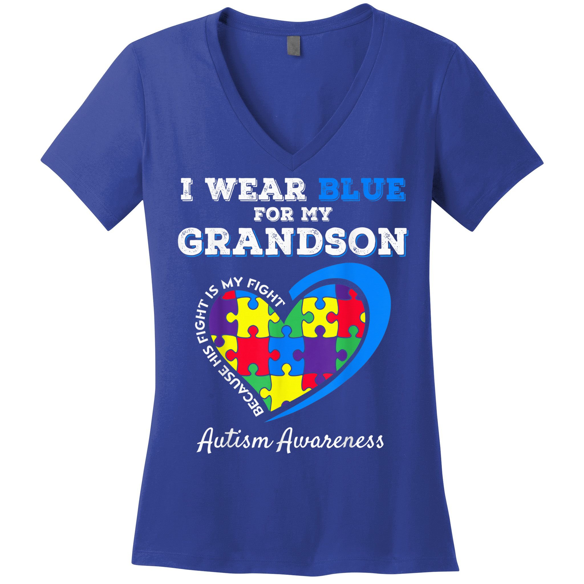 Grandma Grandpa I Wear Blue For My Grandson Autism Awareness Women's V-Neck T-Shirt