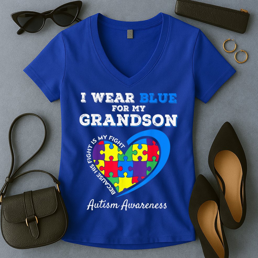 Grandma Grandpa I Wear Blue For My Grandson Autism Awareness Women's V-Neck T-Shirt