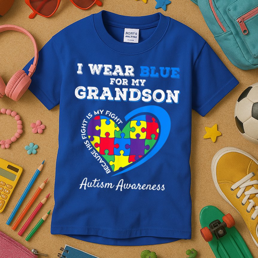 Grandma Grandpa I Wear Blue For My Grandson Autism Awareness Kids T-Shirt